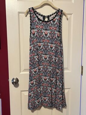 LOFT Black and White Sleeveless Floral-Print Mini Dress with Pink Details